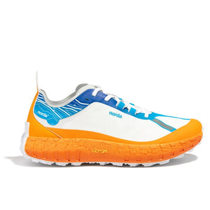 Side view of men's norda 001 running shoe in white/blue/orange/white rubber