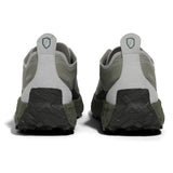 Heel view of green ('serpentine') norda 001a trail running shoes