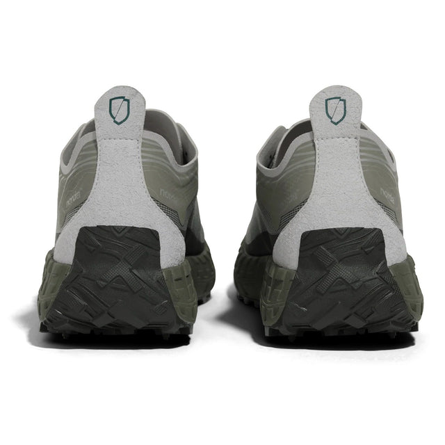 Heel view of green ('serpentine') norda 001a trail running shoes