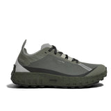 Side view of green ('serpentine') norda 001a trail running shoe