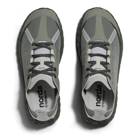 Top view of green ('serpentine') norda 001a trail running shoes