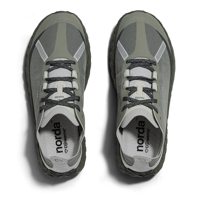 Top view of green ('serpentine') norda 001a trail running shoes