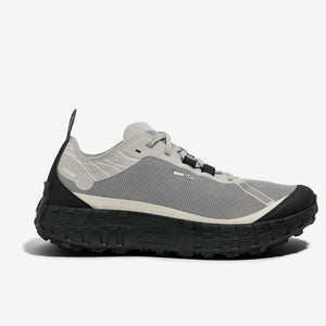 Side view of grey/black ('pewter') norda 001a trail running shoe