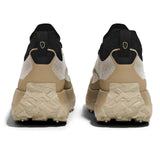 Heel view of beige/black norda 055 trail running shoes