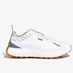 Side view of men's norda 001 running shoe in white/gum rubber