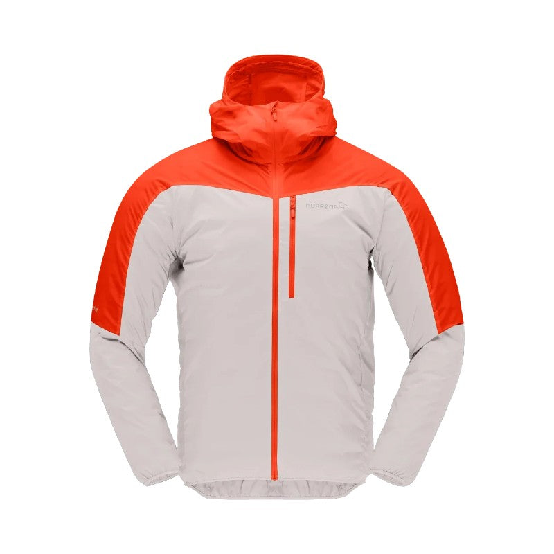 Front view of men's norrona falketind aero60 hood jacket in arednaline/pure cashmere colour