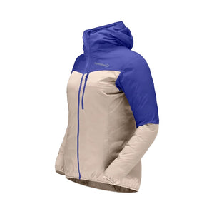 Side view of women's norrona falketind aero60 hood jacket in royal blue colour