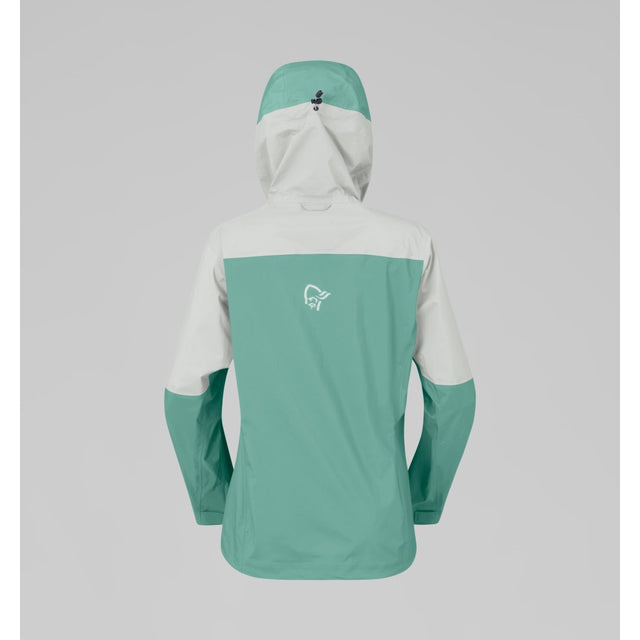 Back view of women's norrona falketind dri1 waterproof jacket in Malachite Green colour