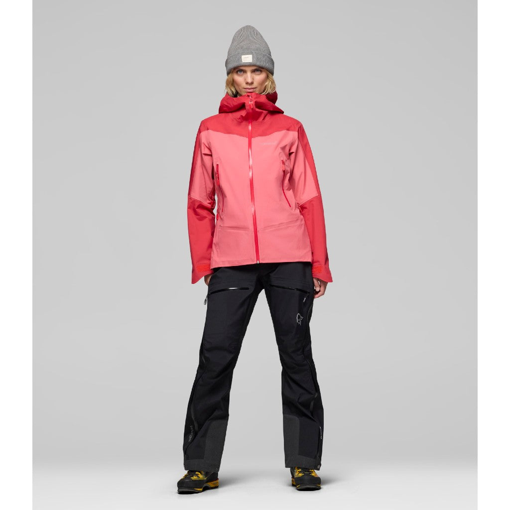 Front on-model view of women's coral Norrona falketind Gore-Tex jacket
