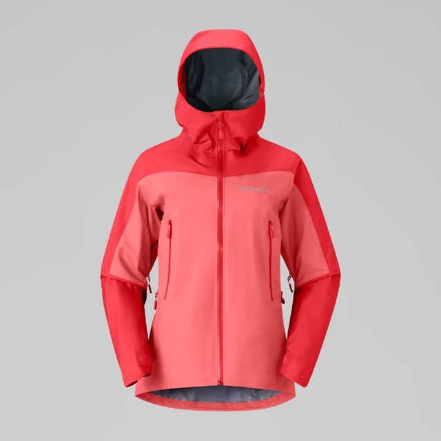 Front view of women's coral Norrona falketind Gore-Tex jacket
