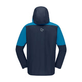 Back view of men's blue norrona falketind Gore-Tex Paclite jacket