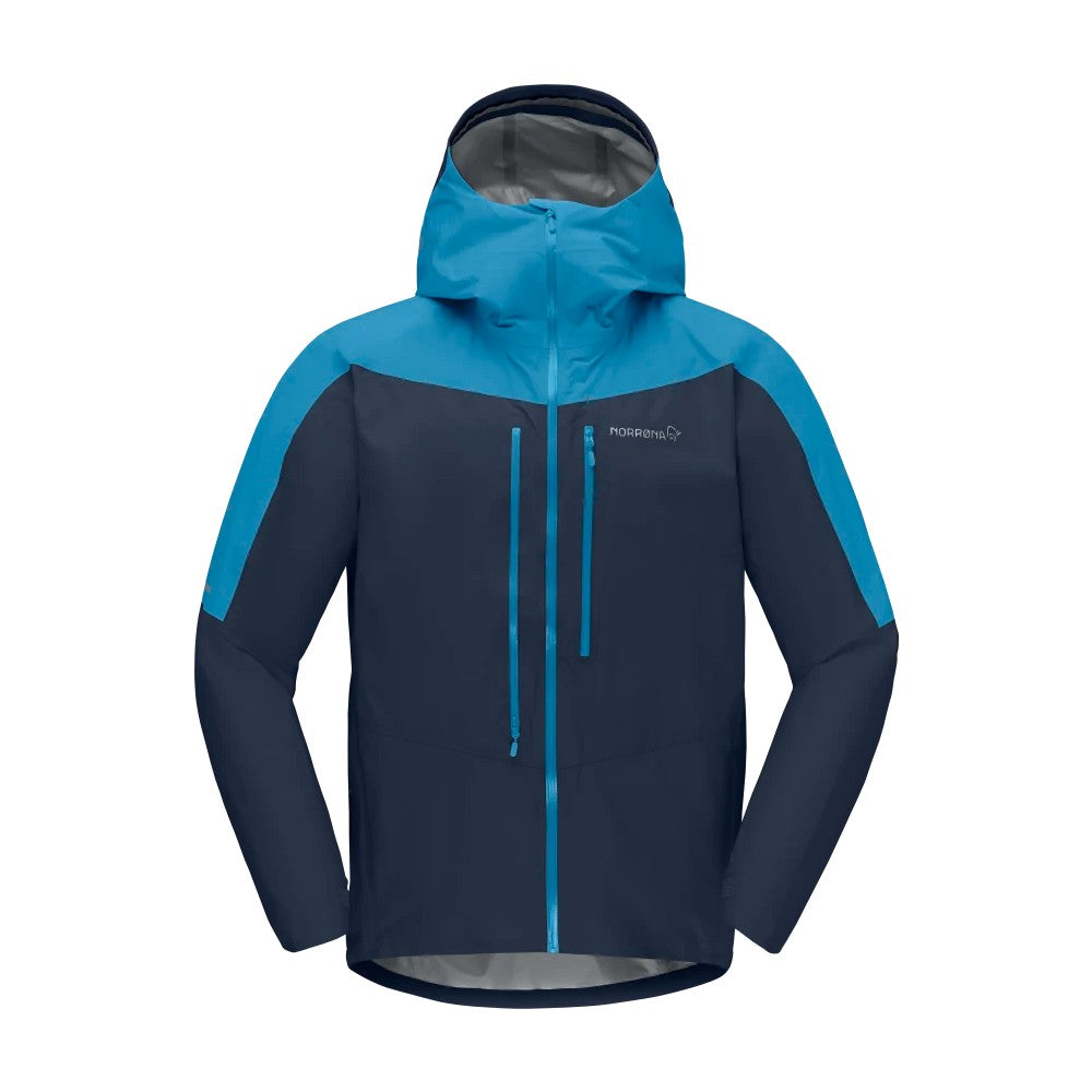 Front view of men's blue norrona falketind Gore-Tex Paclite jacket