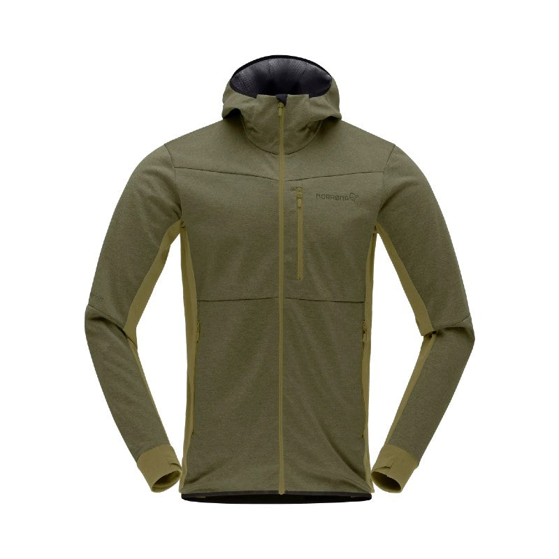 Front view of men's norrona falketind Warm2 Octa Hood jacket in olive colour