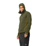 On-model view of men's norrona falketind Warm2 Octa Hood jacket in olive colour