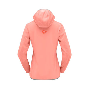 Back view of women's norrona falketind Warm2 Octa Hood jacket in orange/peach colour