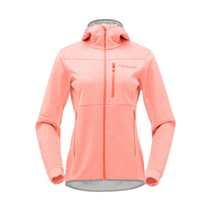 Front view of women's norrona falketind Warm2 Octa Hood jacket in orange/peach colour