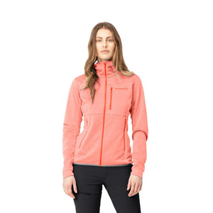 On-model view of women's norrona falketind Warm2 Octa Hood jacket in orange/peach colour