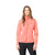 On-model view of women's norrona falketind Warm2 Octa Hood jacket in orange/peach colour