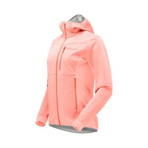 Side view of women's norrona falketind Warm2 Octa Hood jacket in orange/peach colour