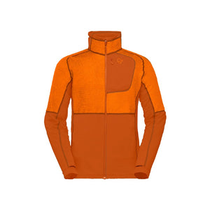 Front view of men's norrona lyngen alpha90 jacket in exuberance (orange) colour