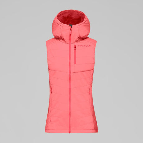 Front view of women's coral Norrona lyngen alpha90 insulated vest