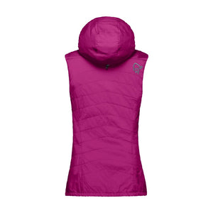 Back view of women's norrona lyngen alpha90 vest in festival fuschia colour