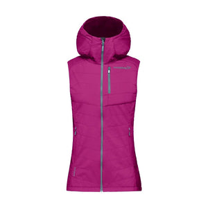 Front view of women's norrona lyngen alpha90 vest in festival fuschia colour