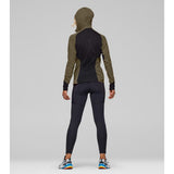 Back on-model view of Norrona Senja Warm1 Hood women's in olive night colour