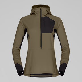 Front view of Norrona Senja Warm1 Hood women's in olive night colour
