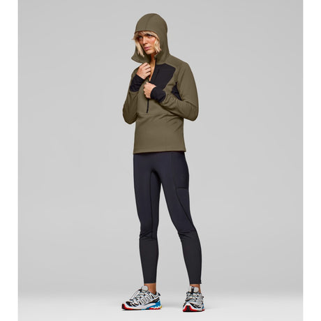Front on-model view of Norrona Senja Warm1 Hood women's in olive night colour