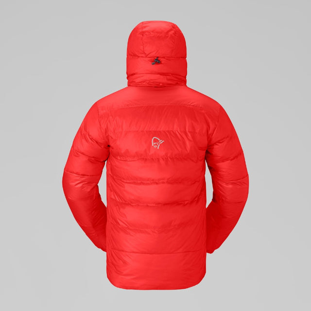 Back view of men's red Norrona trollveggen down jacket