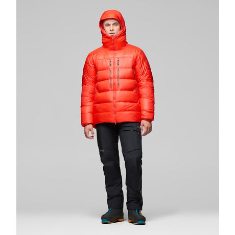 Front on-model view of men's red Norrona trollveggen down jacket