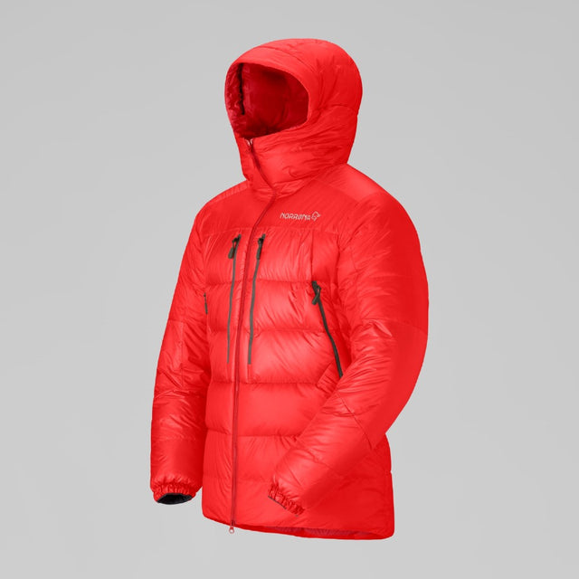 Side view of men's red Norrona trollveggen down jacket