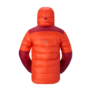 Back view of men's arednalin red norrona trollveggen down800 insulated hood jacket