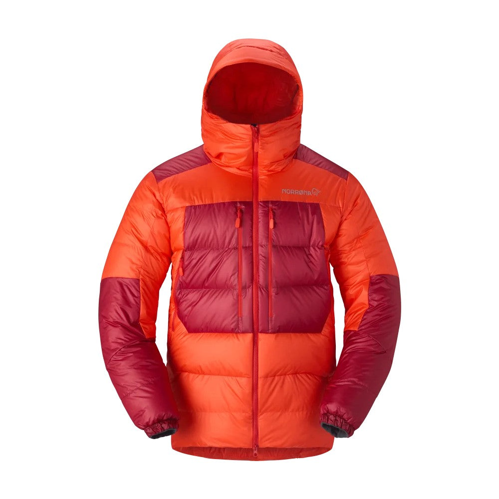 Front view of men's arednalin red norrona trollveggen down800 insulated hood jacket