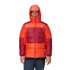 Front on-model view of men's arednalin red norrona trollveggen down800 insulated hood jacket