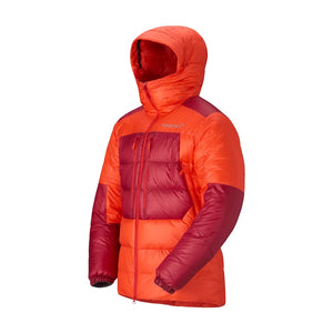 Side view of men's arednalin red norrona trollveggen down800 insulated hood jacket