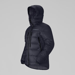 Side view of women's black Norrona trollveggen down jacket