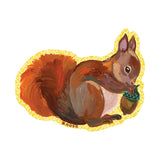 Noso brown squirrel carrying an acorn repair patch