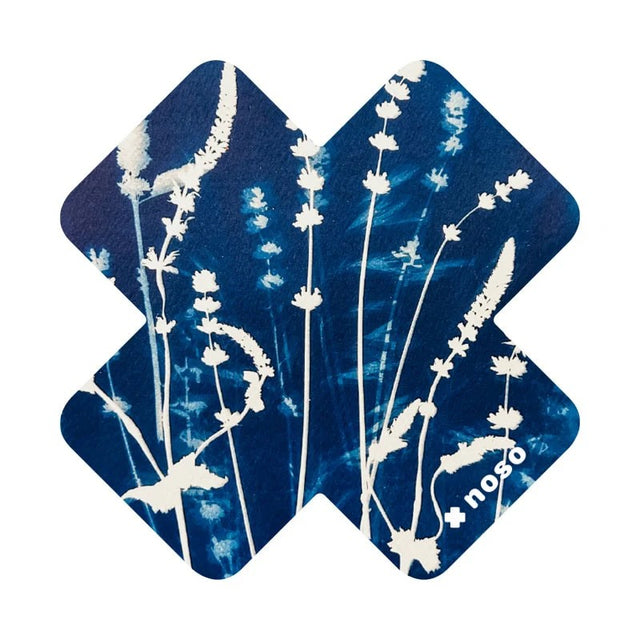 Noso blue background white wildflower outlines repair patch