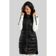 Front on-model view of women's black OHSHO Gloria long vest