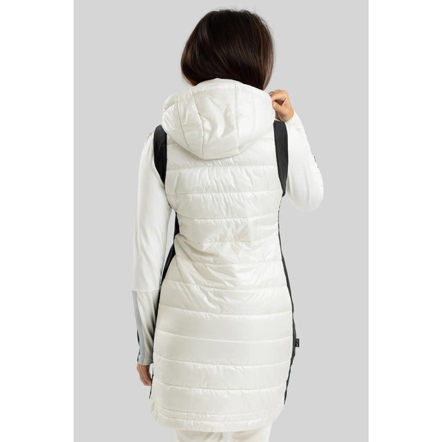 Back on-model view of women's white OHSHO Gloria long vest