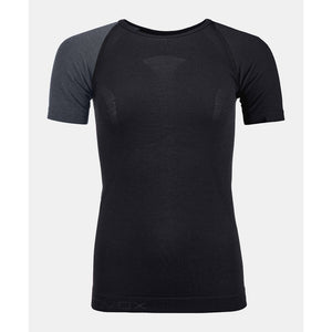 Front view of women's Ortovox 120 Comp Light short sleeve shirt in 'black raven' colour