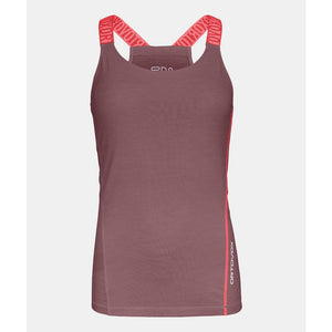 Front view of women's Ortovox 150 Essential Top in 'mountain rose' colour