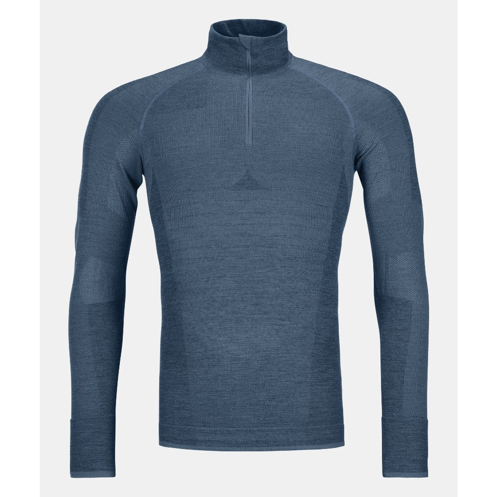 Front view of men's Ortovox 230 competition zip neck long sleeve in blue