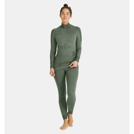 On-model view of women's Ortovox 230 competition zip neck long sleeve in green