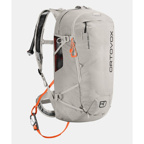 Back view of white Ortovox avabag litric zero 27 avalanche pack