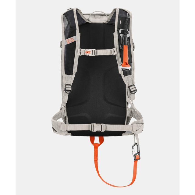 Front view of white Ortovox avabag litric zero 27 avalanche pack