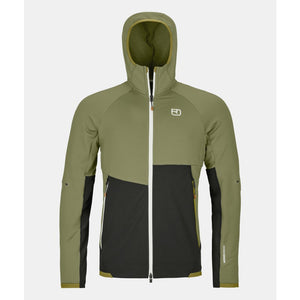 Front view of men's ortovox fleece rib hoody in wild herbs colour