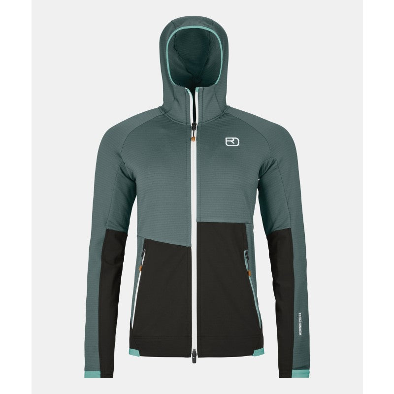 Front view of women's ortovox fleece rib hoody in arctic grey